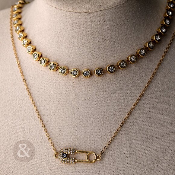 Gold Safety Pin Layered Necklace – Evil Eye Pendant - Picture 2 of 2